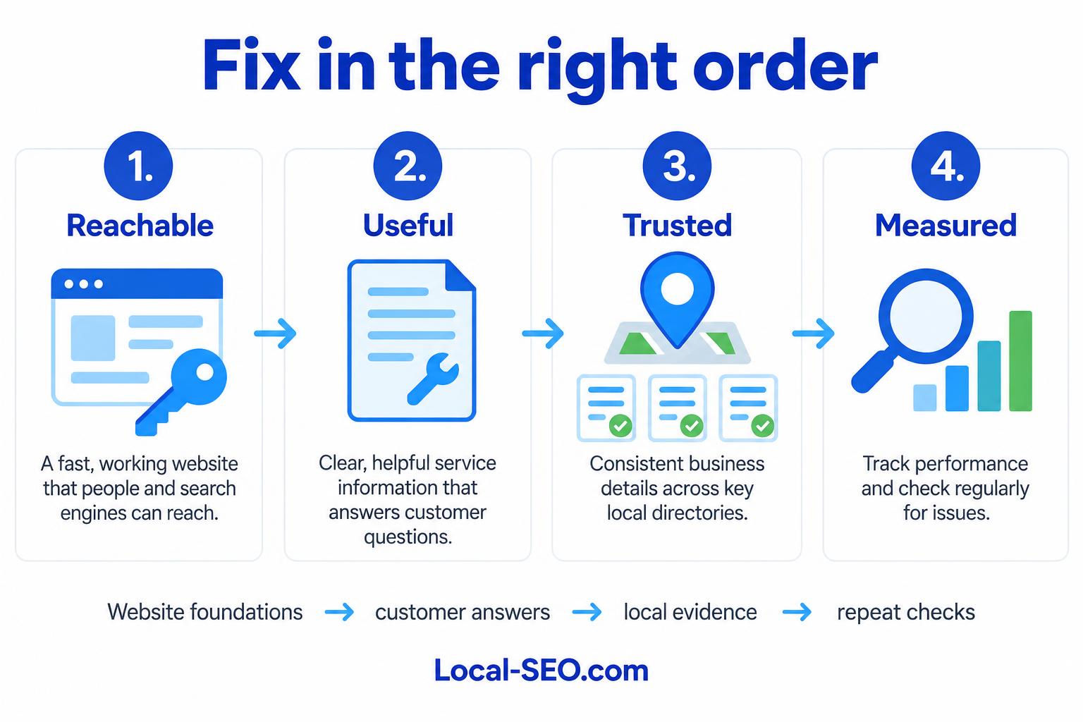 Four stages of local SEO work: reachable website, useful answers, trusted local evidence and measured performance.