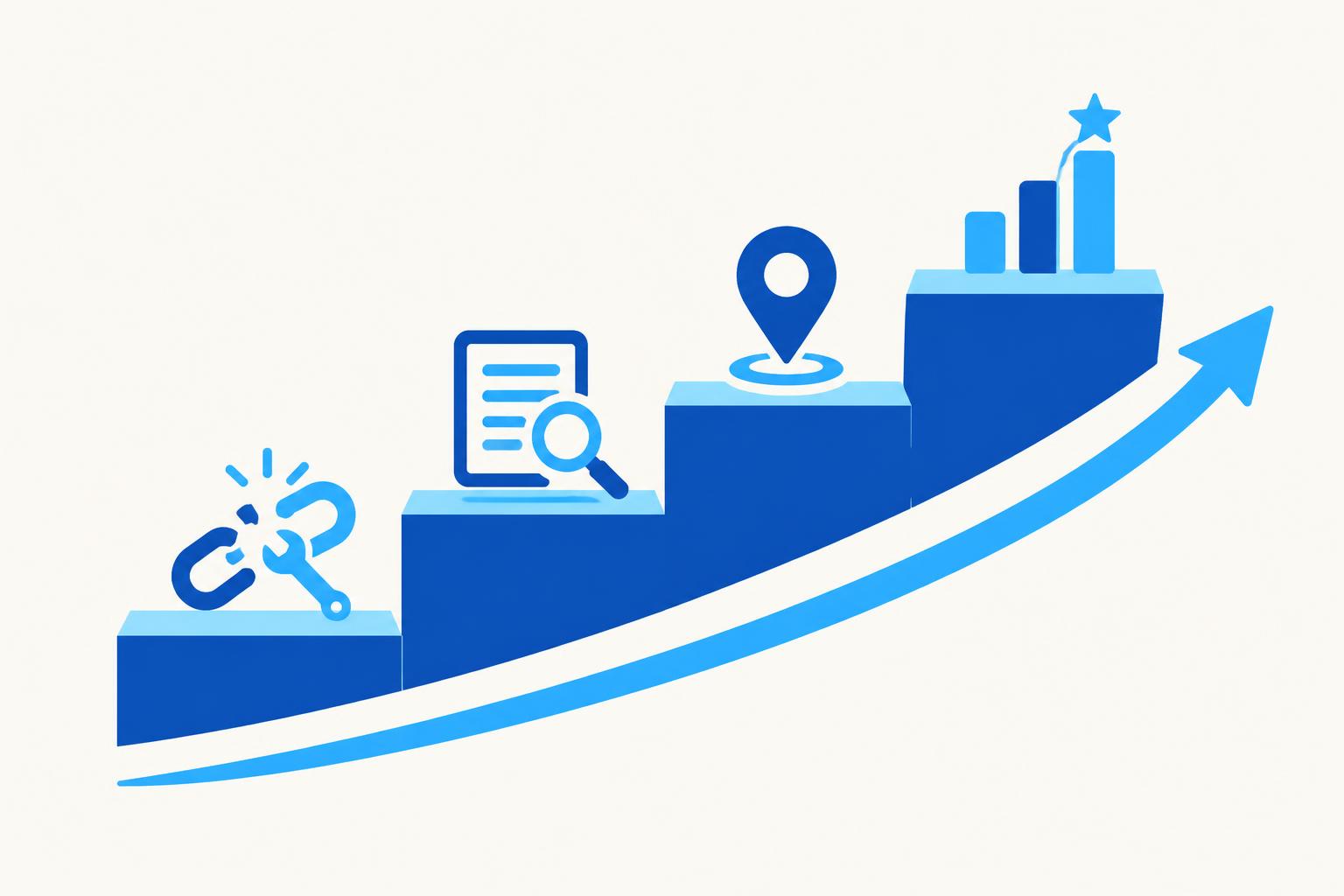 Four ascending steps: repair broken links, check pages can be found, close the map gap, then grow rankings