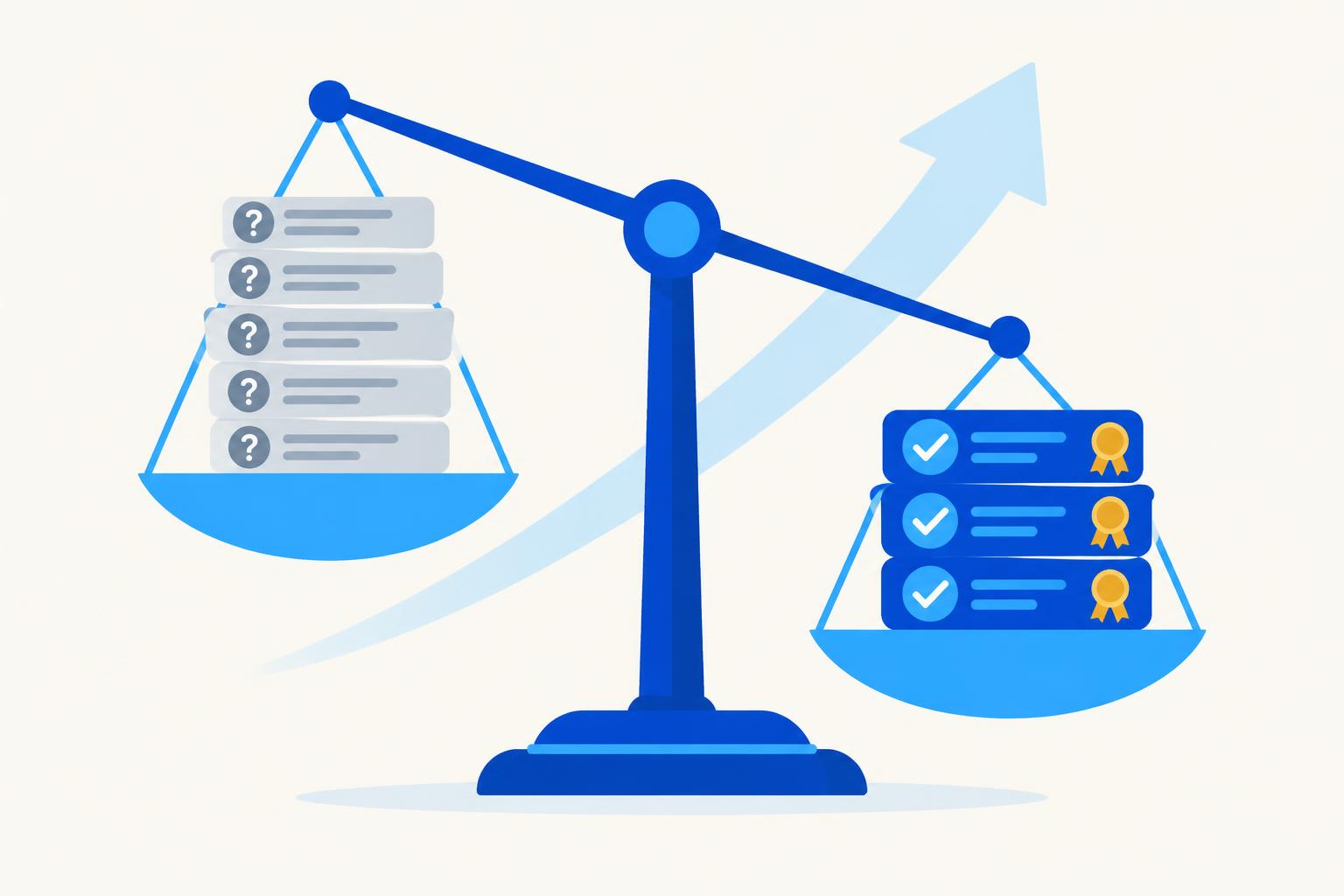 A balance scale: a tall stack of vague, question-marked list items tips upward while fewer evidence-backed cards with checkmarks weigh more