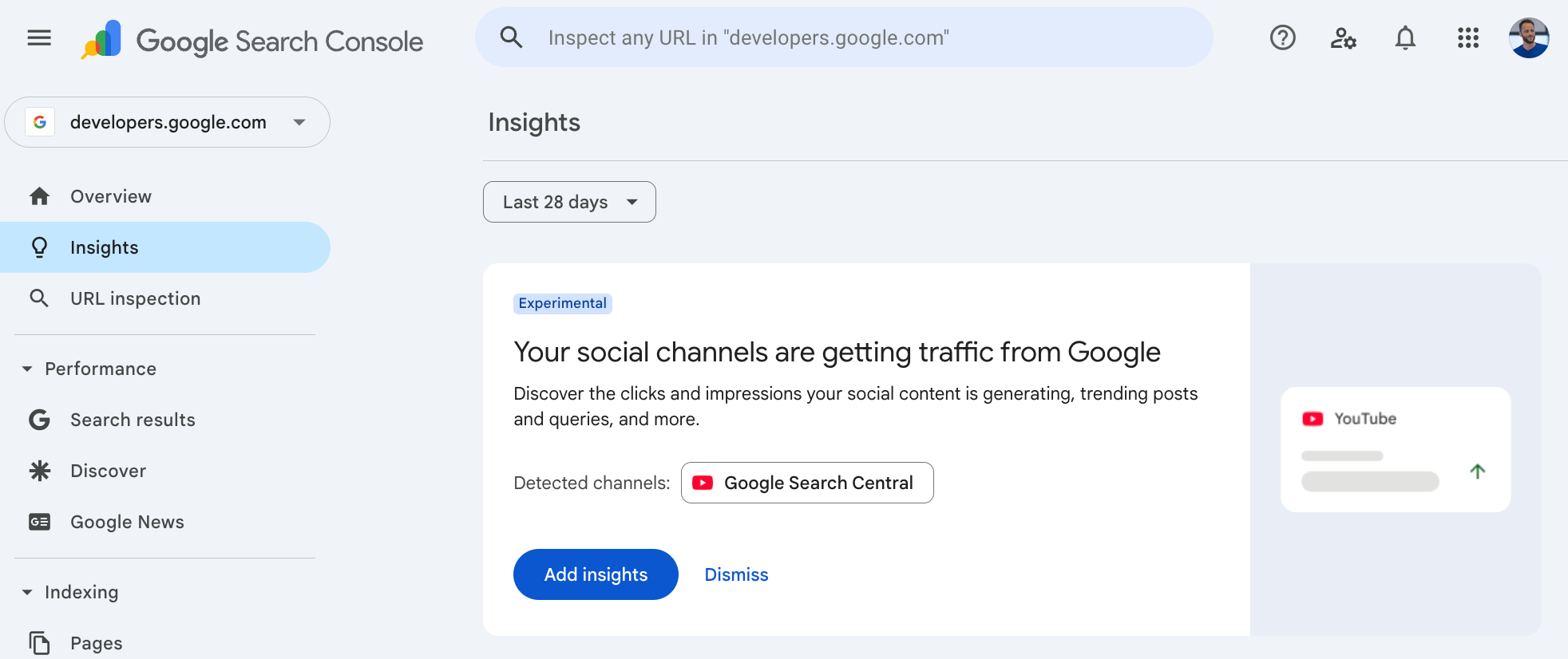 Google screenshot of the earlier experimental detected-channel Insights prompt; source: Google Search Central