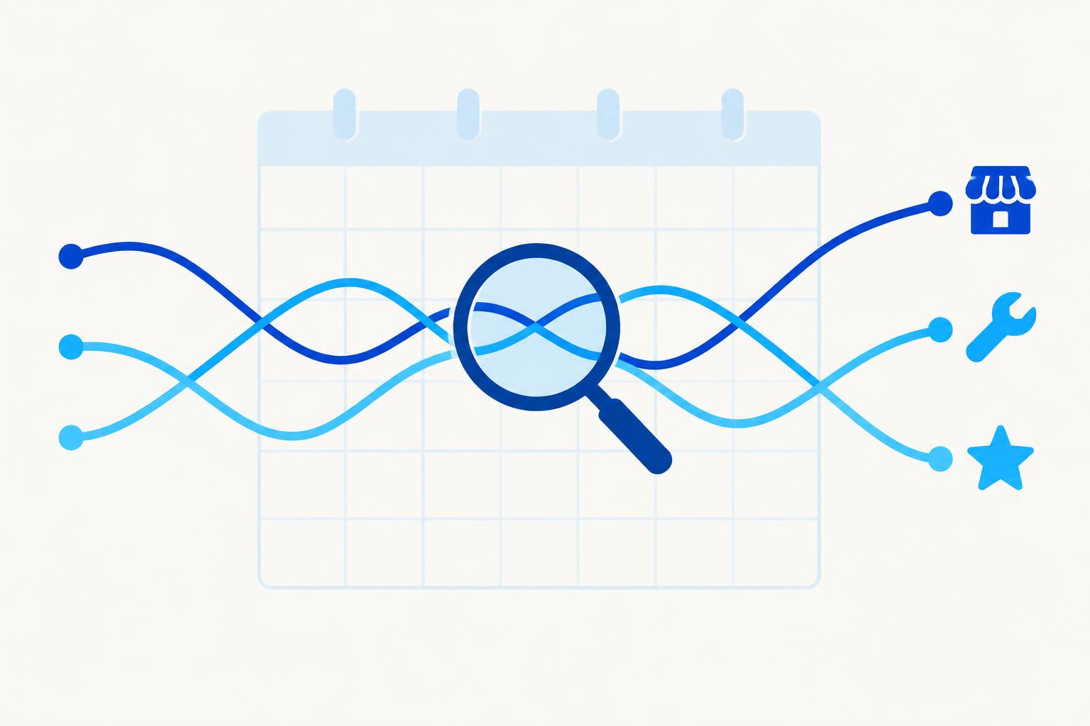 Three wavy lines crossing each other over a calendar grid, each ending in a different icon, with a magnifying glass over one crossing point