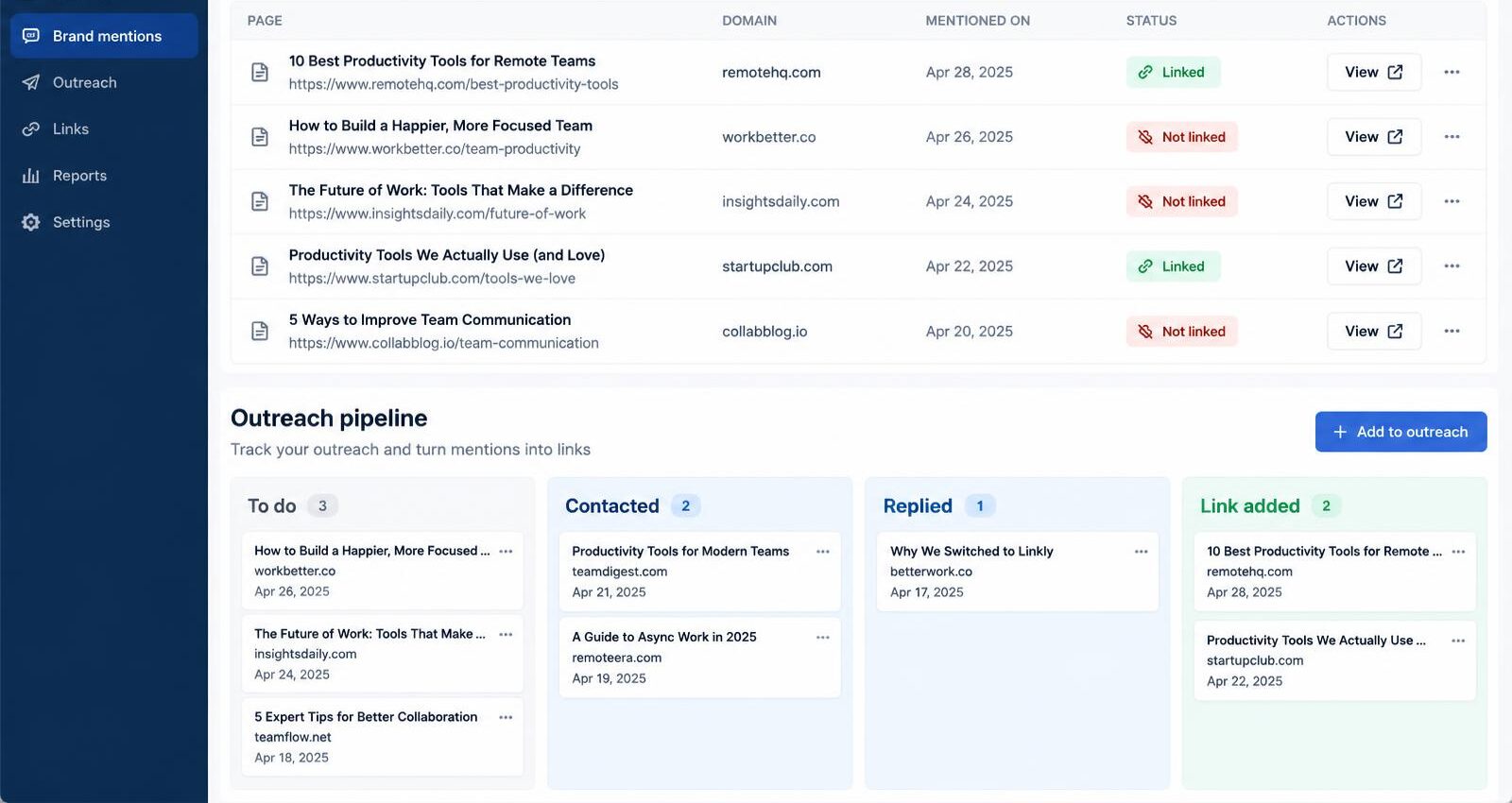 Brand mentions list showing websites that mention the business with and without a link