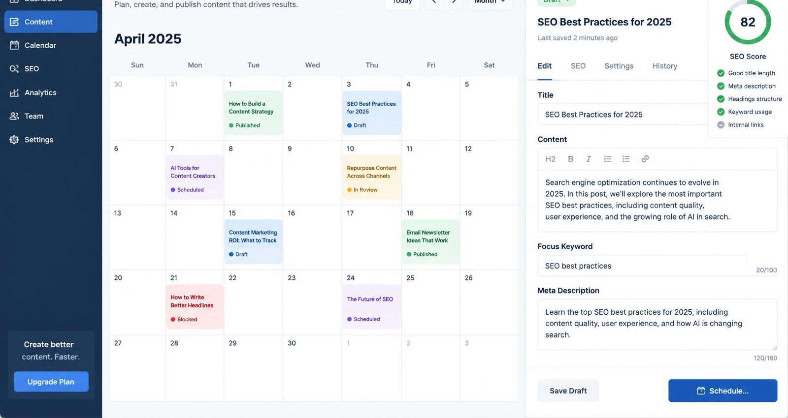 Content planner calendar with article ideas, keywords and due dates