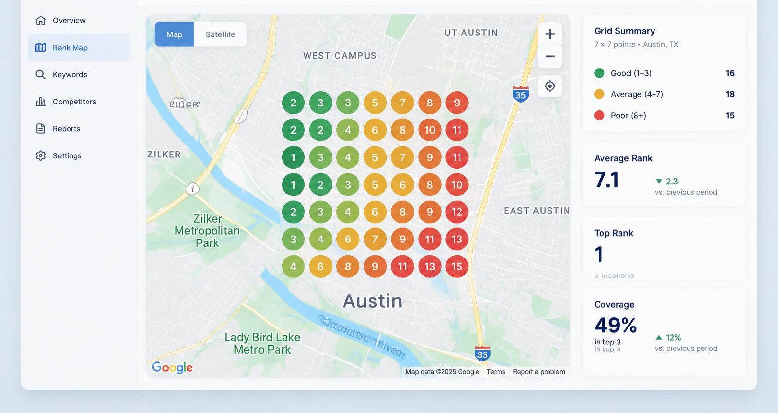 Geo-Grid screen showing map ranks across a service area with the top competitor