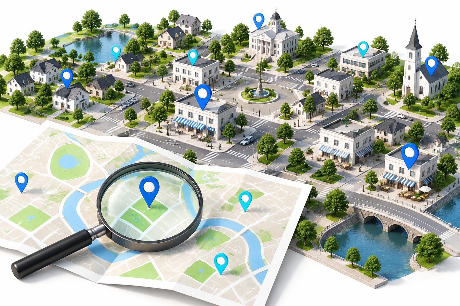 Illustrated fictional town with local search markers