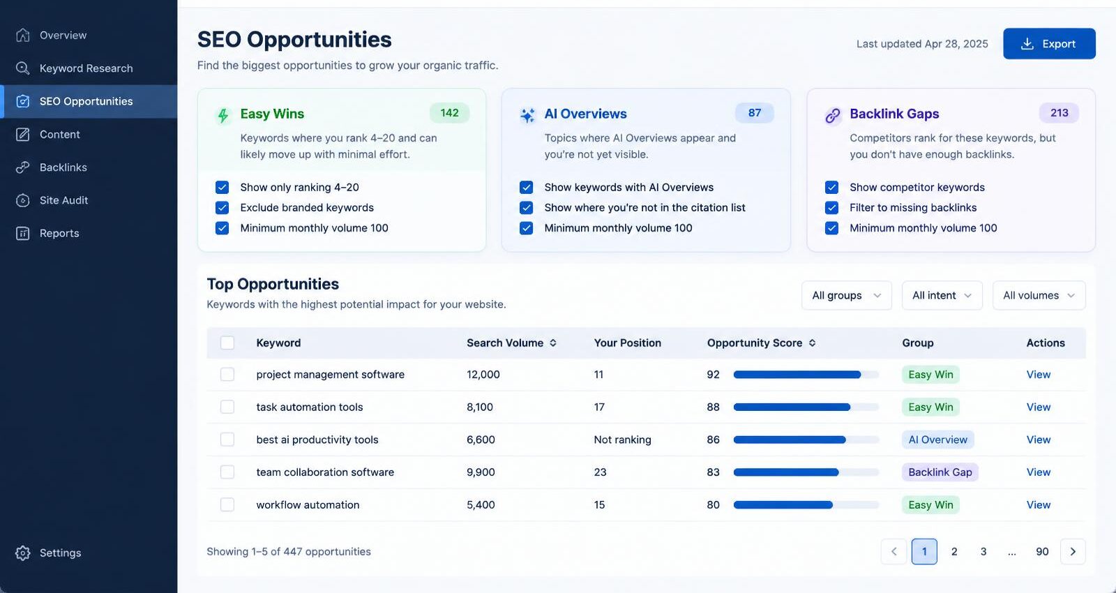 Illustration of the Search opportunities screen