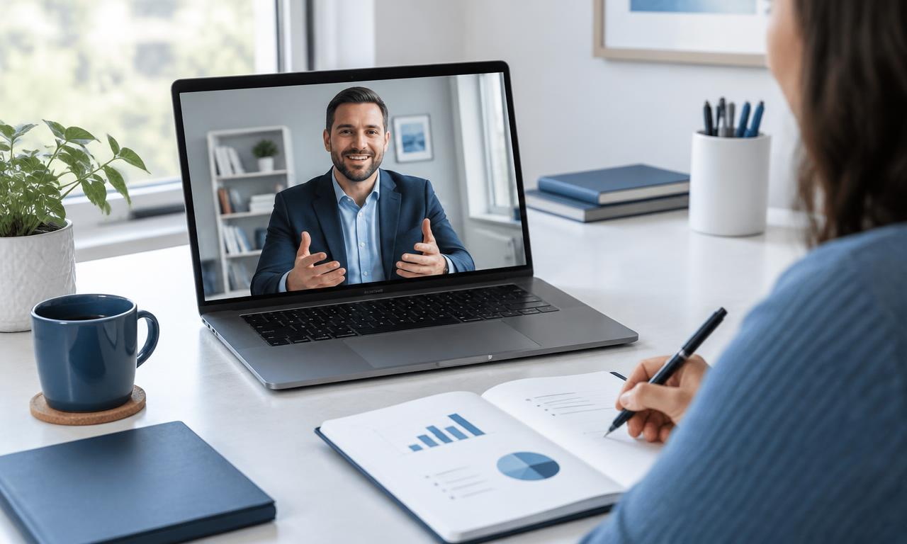 A business owner discussing reports during an online consultation